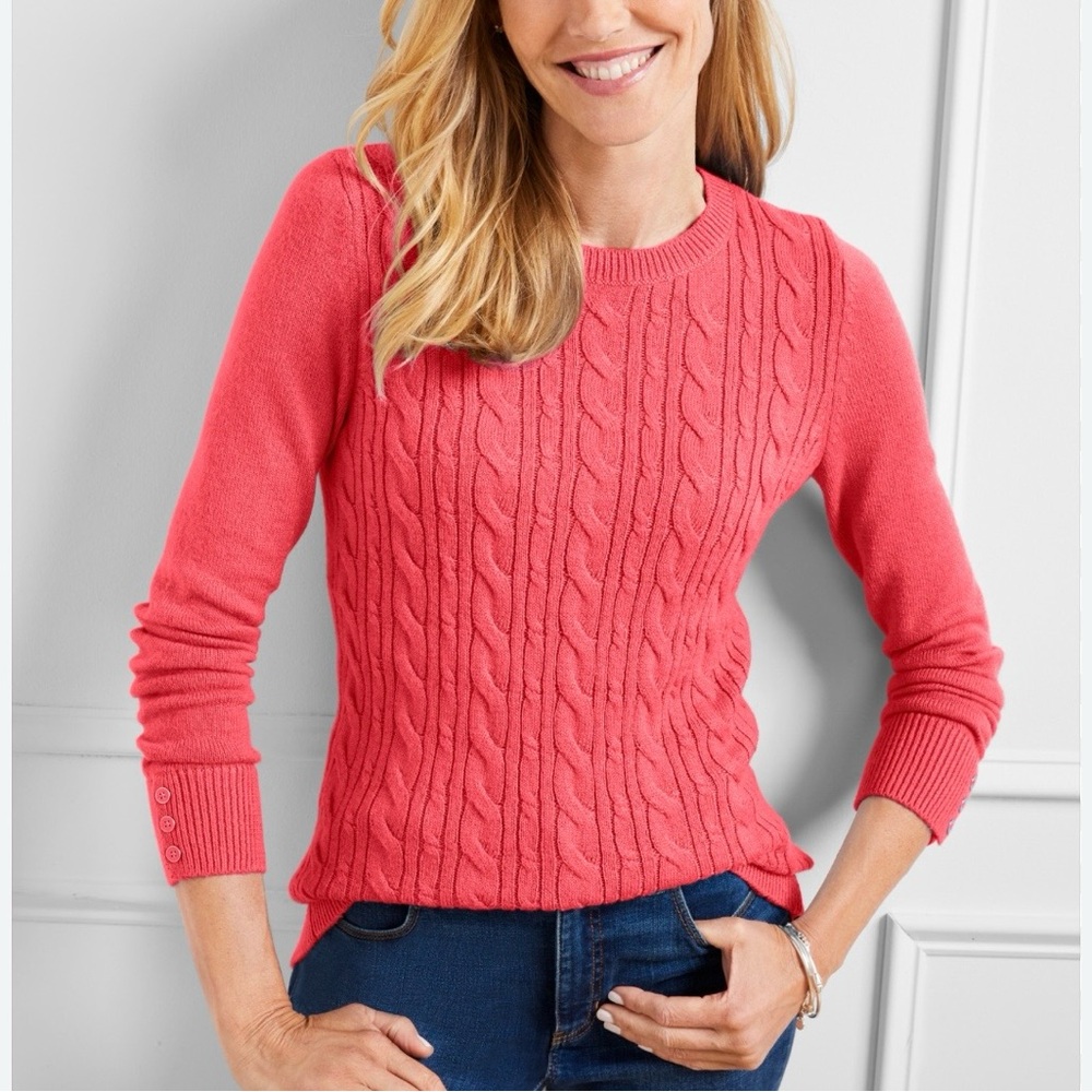 Talbots Coral Super Soft Cotton Blend Cable‎ Knit Crewneck Sweater Size Large
